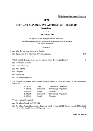 CU-2021 B. Com. (Honours) Cost & Management Accounting Part-II Paper-C-24A (Before 2014) QP.pdf