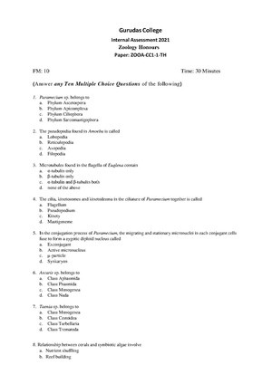 GC-2020 B.Sc. (Honours) Zoology Semester-I Paper-CC-1-TH IA QP.pdf