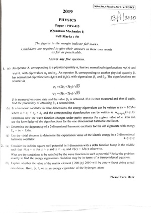 CU-2019 M.Sc. Physics Semester-I Paper-PHY-413 Quantum Mechanics-I QP.pdf