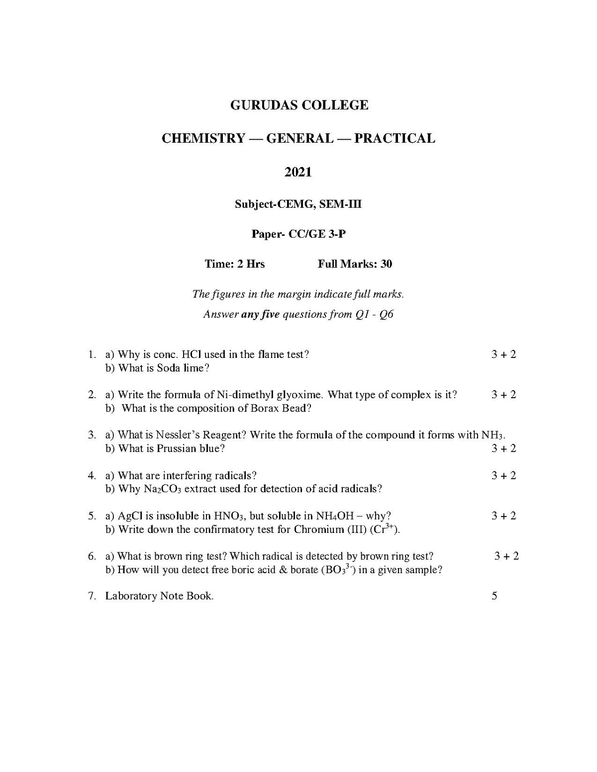 page1 1200px GC 2021 B.Sc. %28General%29 Chemistry Semester 3 Paper CC3 GE3P QP.pdf