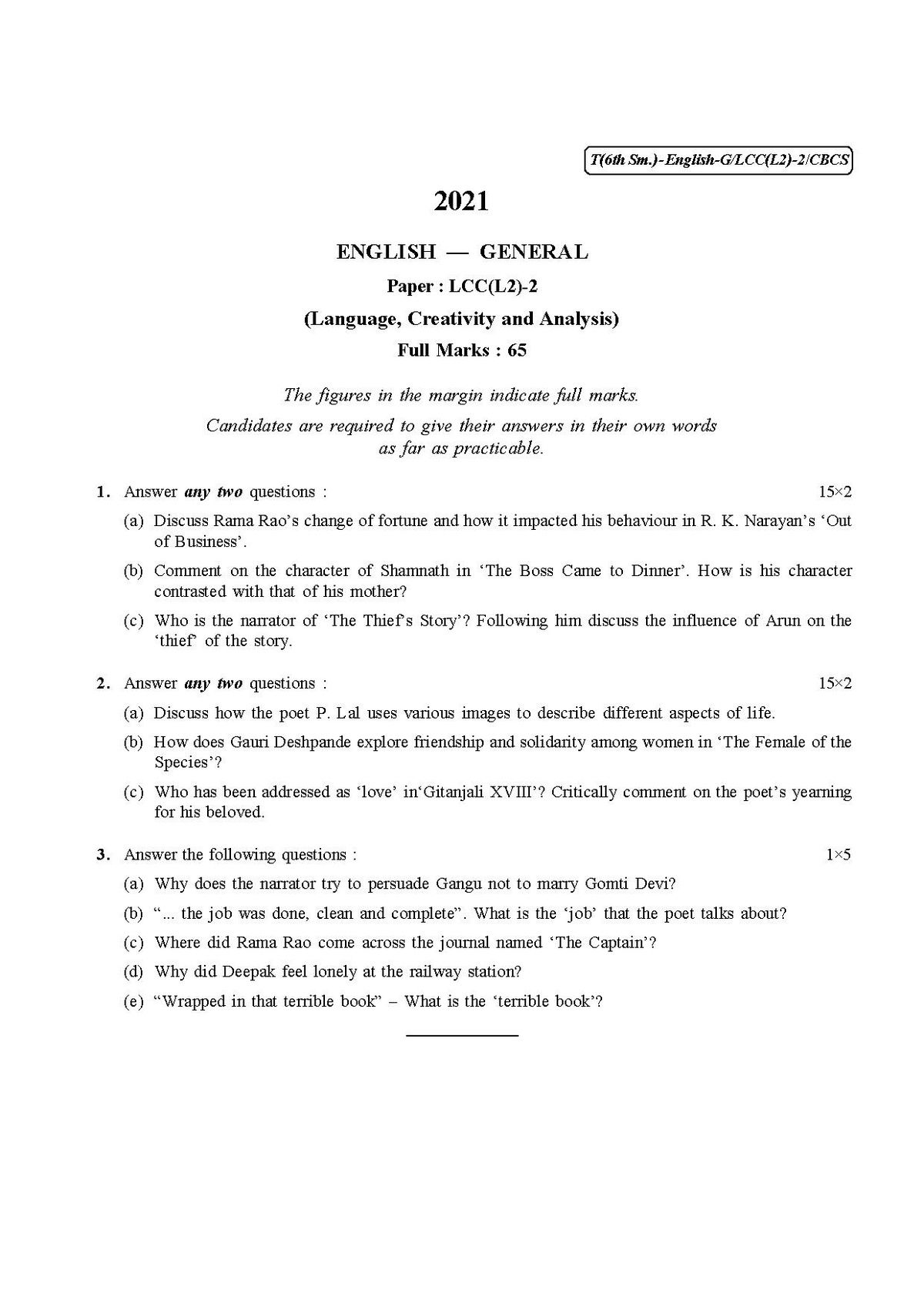 File:CU-2021 B.A. English Semester-VI QP.pdf Gurudas College Wiki