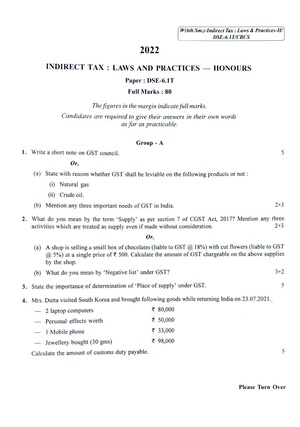 CU-2022 B. Com. (Honours) Indirect Tax - Laws & Practices Semester-6 Paper-DSE-6.1T QP.pdf