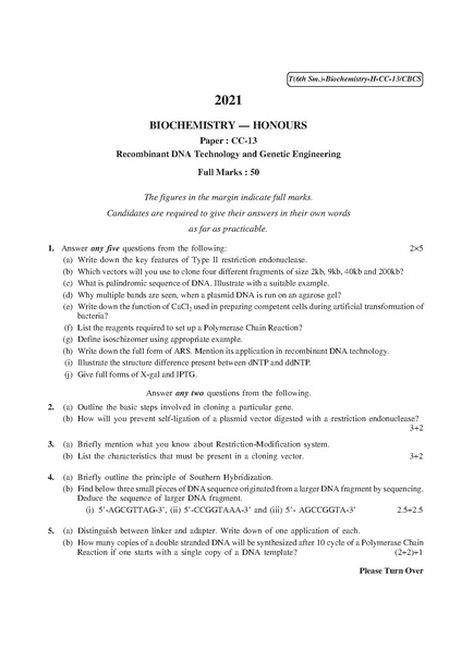 File:CU-2021 B.Sc. (Honours) Biochemistry Semester-VI Paper-CC-13 QP.pdf