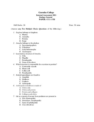 GC-2020 B.Sc. (General) Zoology Semester-I Paper-CC-1-TH IA QP.pdf