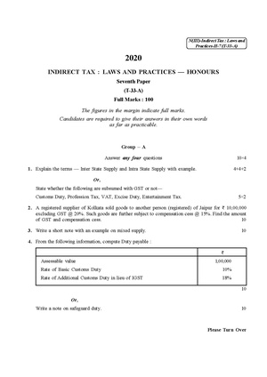CU-2020 B. Com. (Honours) Indirect Tax Laws & Practices Part-III Paper-VII QP.pdf