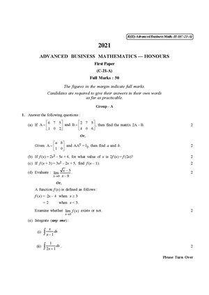 CU-2021 B. Com. (Honours) Advanced Business Mathematics Part-II Paper-C-21A (Before 2014) QP.pdf