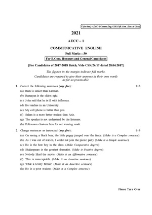 CU-2021 B. Com. (Honours & General) Communicative English Semester-I Paper-AECC-1-2017-18 Batch QP.pdf
