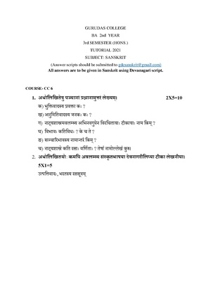 GC-2021 B.A. (Honours) Sanskrit Semester-III Paper-CC-6 Tutorial QP.pdf