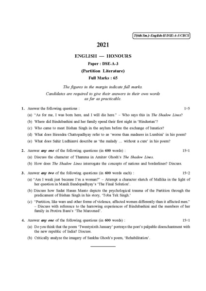 page1 424px CU 2021 B.A. %28Honours%29 English Semester VI Paper DSE A 3 QP.pdf